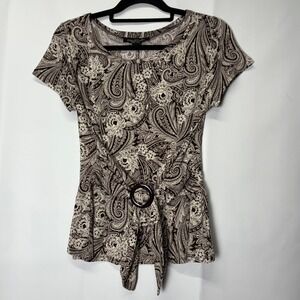 Y2K Paisley Print Top Brown‎ Beige Tie Front Women's 10 Boho Workwear Whimsigoth